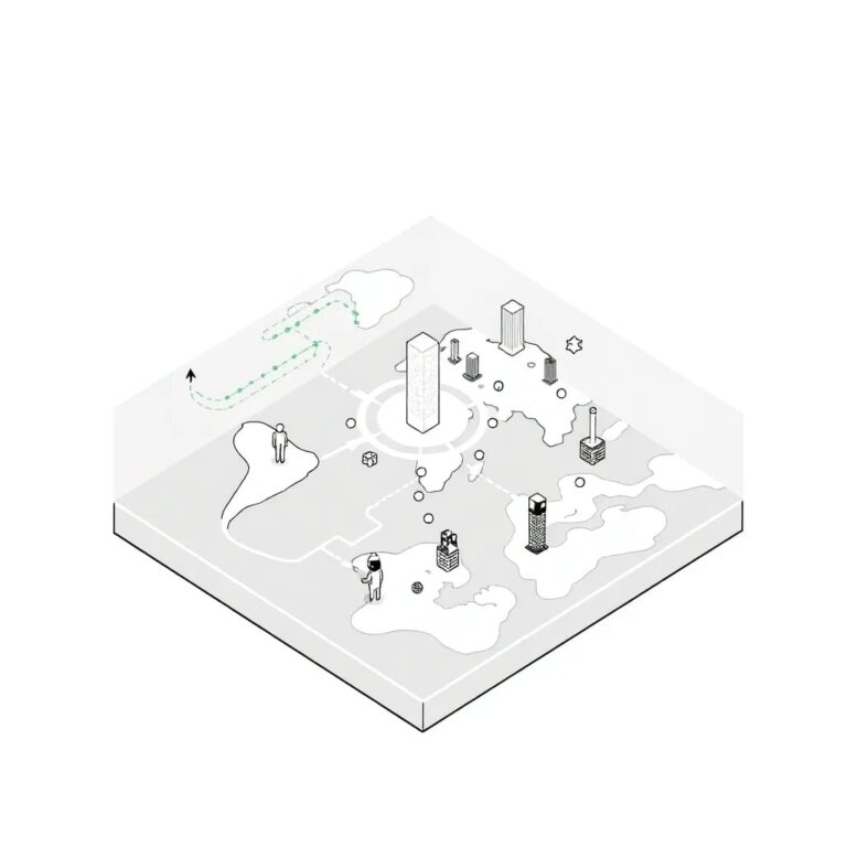 A dynamic, ever-changing holographic map that displays data pathways and governance protocols in real-time, with AI agents navigating and interacting with the data landscape.
