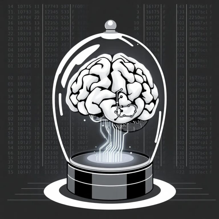 A futuristic, transparent AI brain encased in a glass dome, with intricate circuits and algorithms visible inside, surrounded by a glowing, ever-changing digital code.