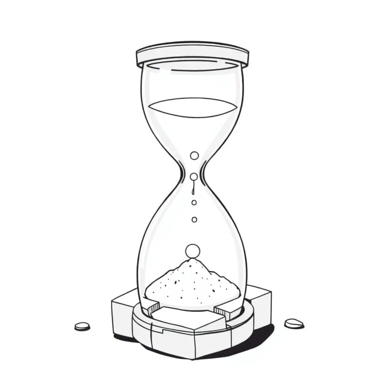 A digital hourglass with silicon sand flowing from a transparent AI chip into a fragmented, crumbling brick