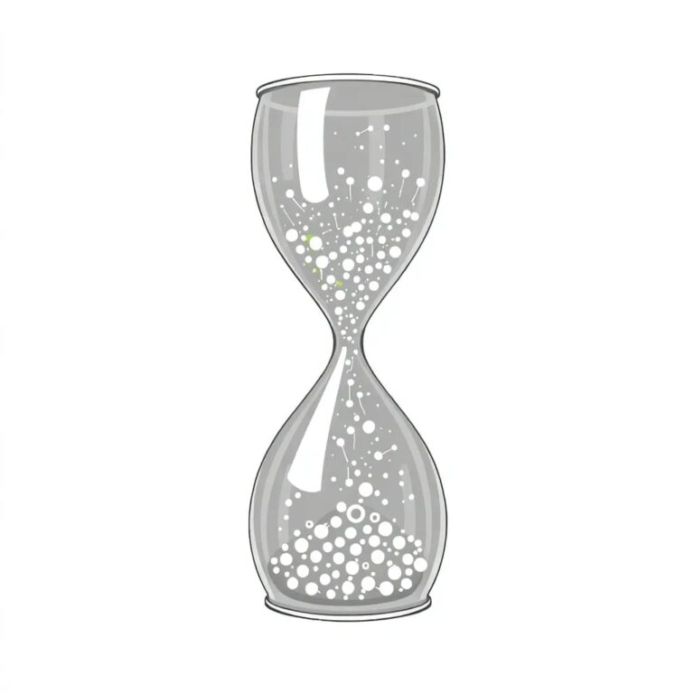 A transparent glass hourglass filled with shimmering, iridescent AI circuitry that slowly shifts from chaotic to orderly patterns as the sand flows.
