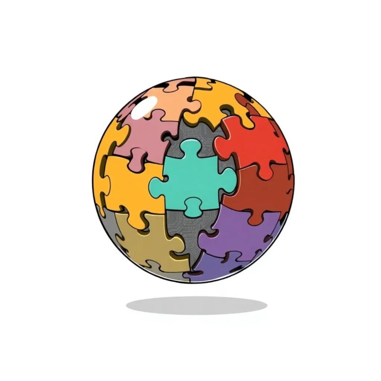 A multi-colored, interlocking puzzle globe with AI circuitry embedded within