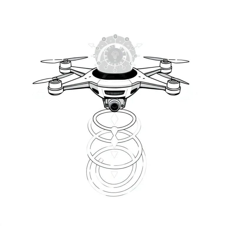 A sleek, futuristic drone with a built-in holographic display showing interconnected AI networks and governance protocols, perched atop a stylized, ascending spiral representing growth and integration.
