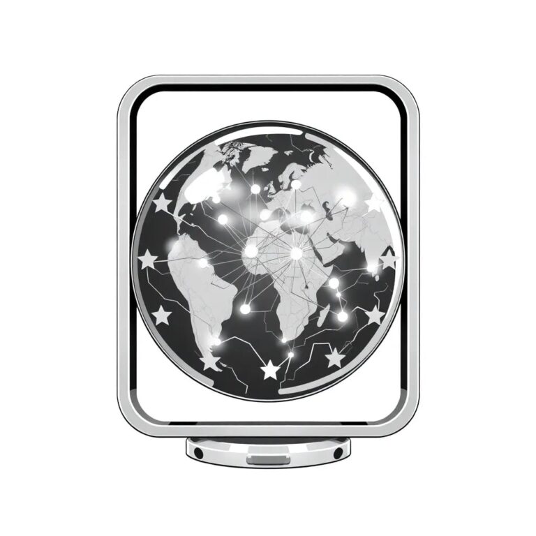 A futuristic, transparent globe with interconnected neural networks glowing inside, encased in a sleek, metallic EU flag frame.