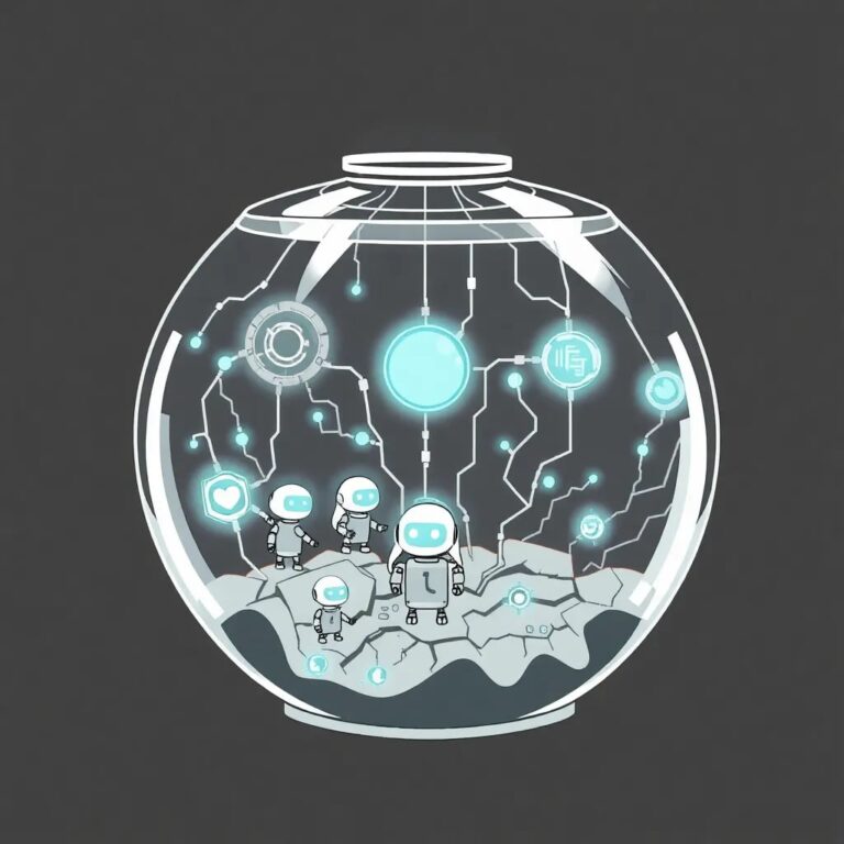 A futuristic glass terrarium filled with interconnected, glowing AI circuits and tiny, moving robotic figures representing various healthcare innovations.