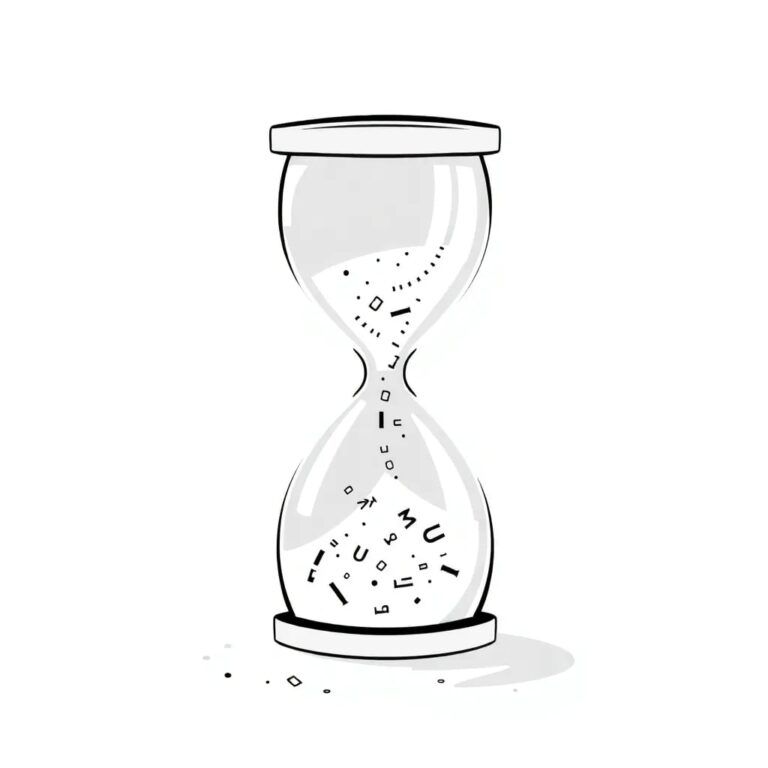 A digital hourglass with sand made of fragmented code snippets