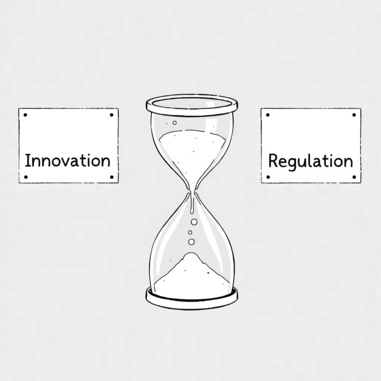 A shattered digital hourglass with silicon sand flowing between two glass panels, one labeled 'Innovation' and the other 'Regulation'