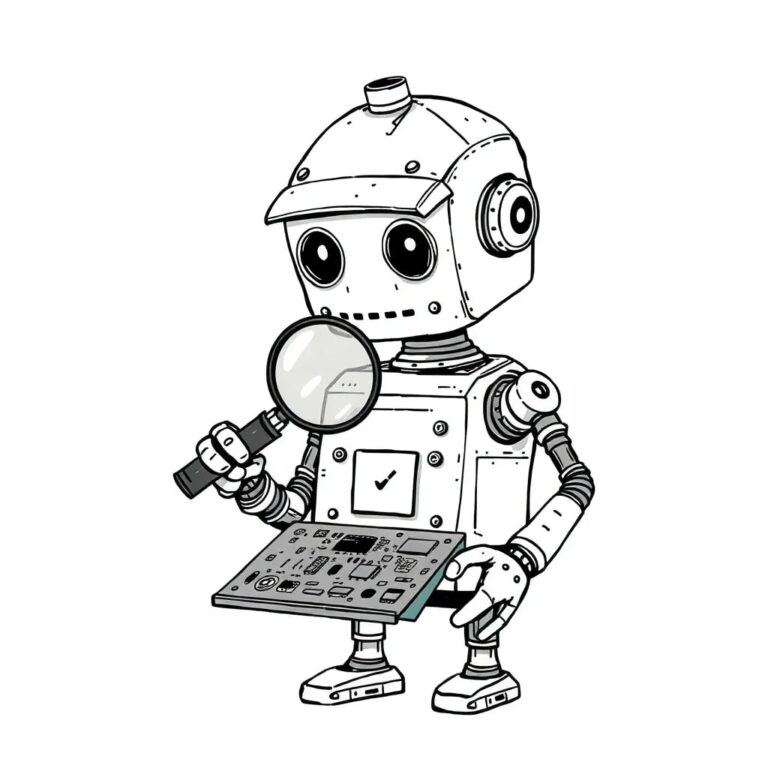A rusted, vintage assembly line robot holding a magnifying glass over a circuit board