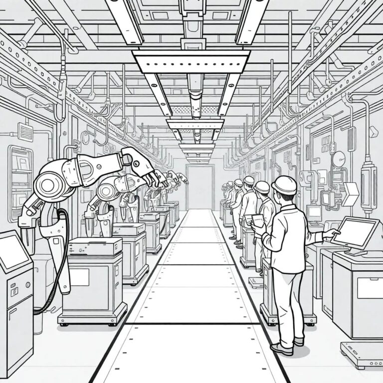A futuristic, transparent assembly line where AI-driven robotic arms seamlessly integrate with human workers, surrounded by holographic data streams and smart sensors.