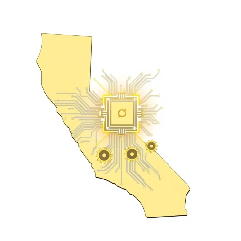 A futuristic, golden circuit board shaped like the state of California, with a glowing AI processor at its heart, and tiny, intricate gears representing regulatory mechanisms spinning around it.