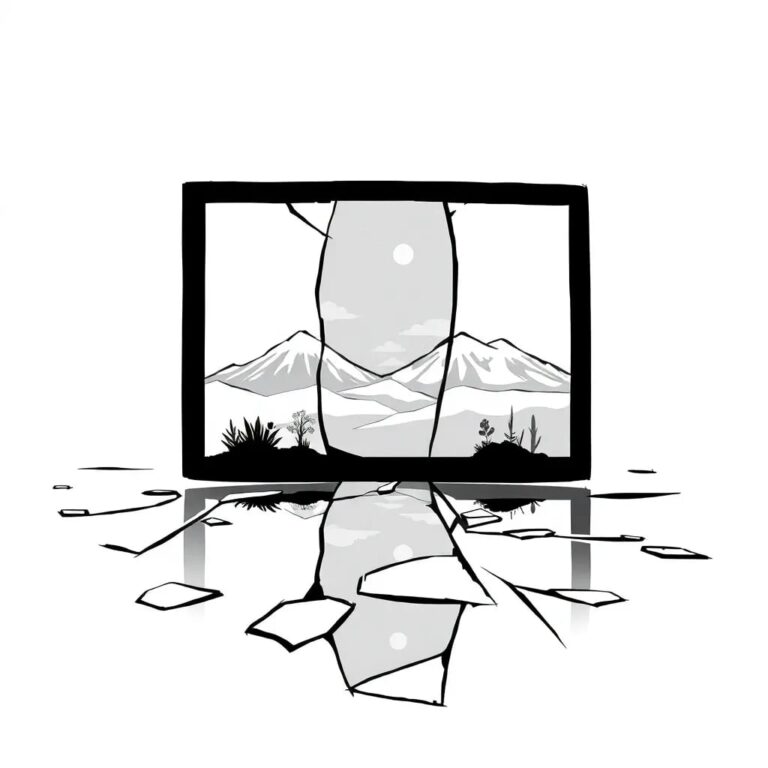 A shattered mirror reflecting a digital landscape