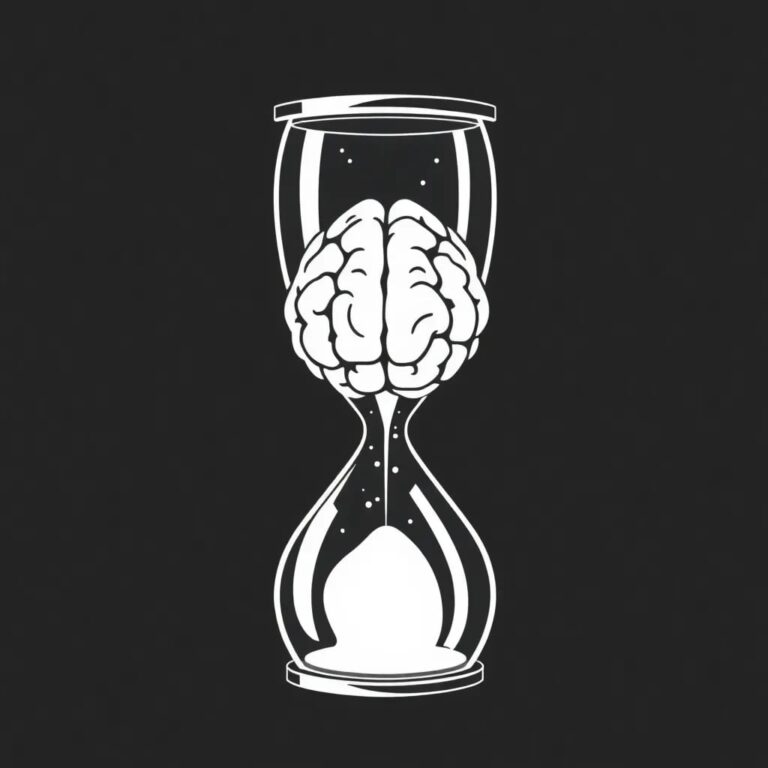 A futuristic, transparent AI brain encased in a glass hourglass, with digital data streams flowing through it, symbolizing the race against time in an unproven market.