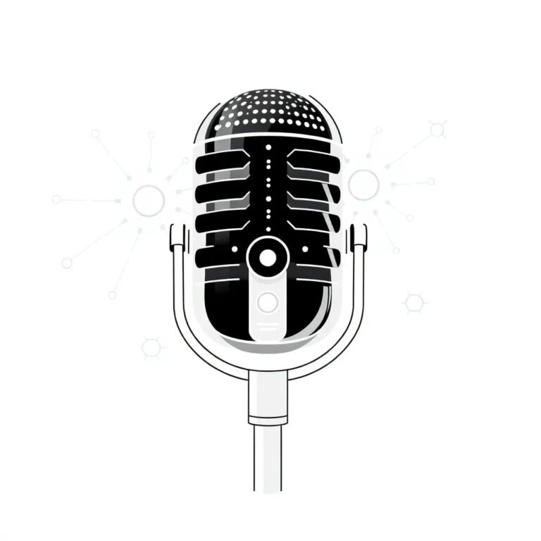 A futuristic, transparent microphone with a holographic interface displaying a dynamic, ever-changing network of interconnected nodes and compliance checkpoints.