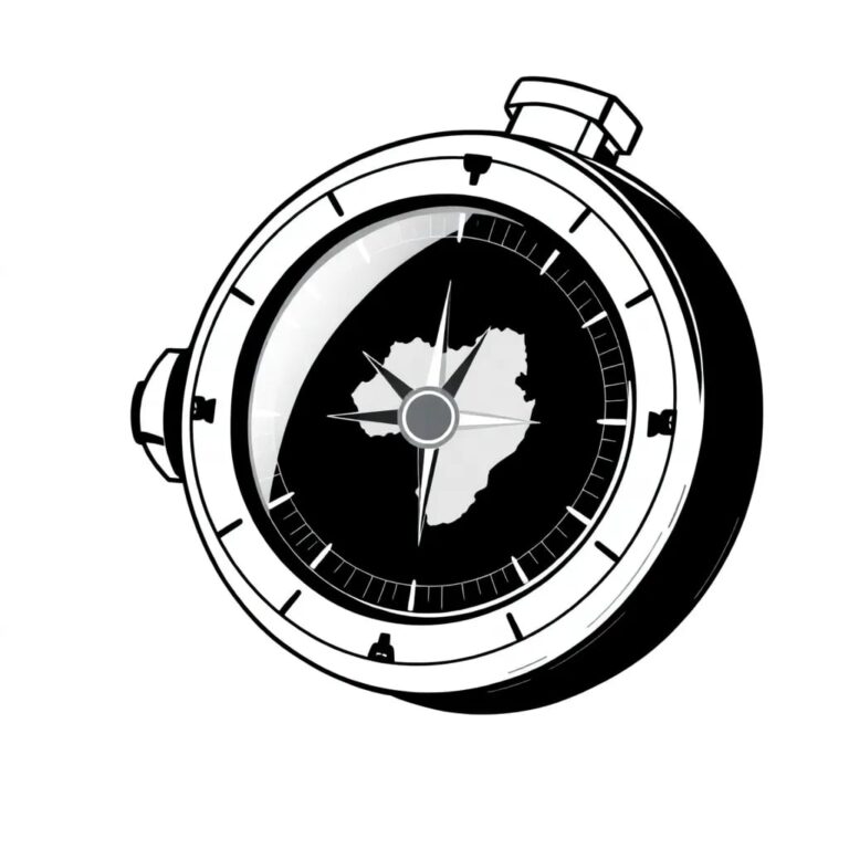 A futuristic, intricately designed compass with a digital display that shows a map of South Africa, where the needle points to a glowing AI icon.