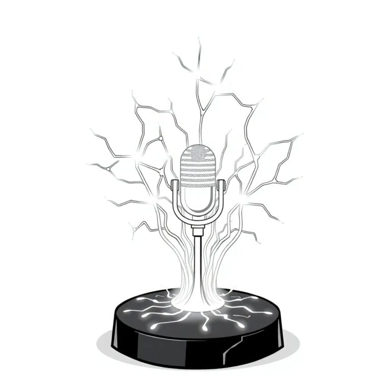 A futuristic, intricately designed AI neural network sculpture made of interconnected, glowing glass filaments, with a central node shaped like a microphone to symbolize the podcast launch.