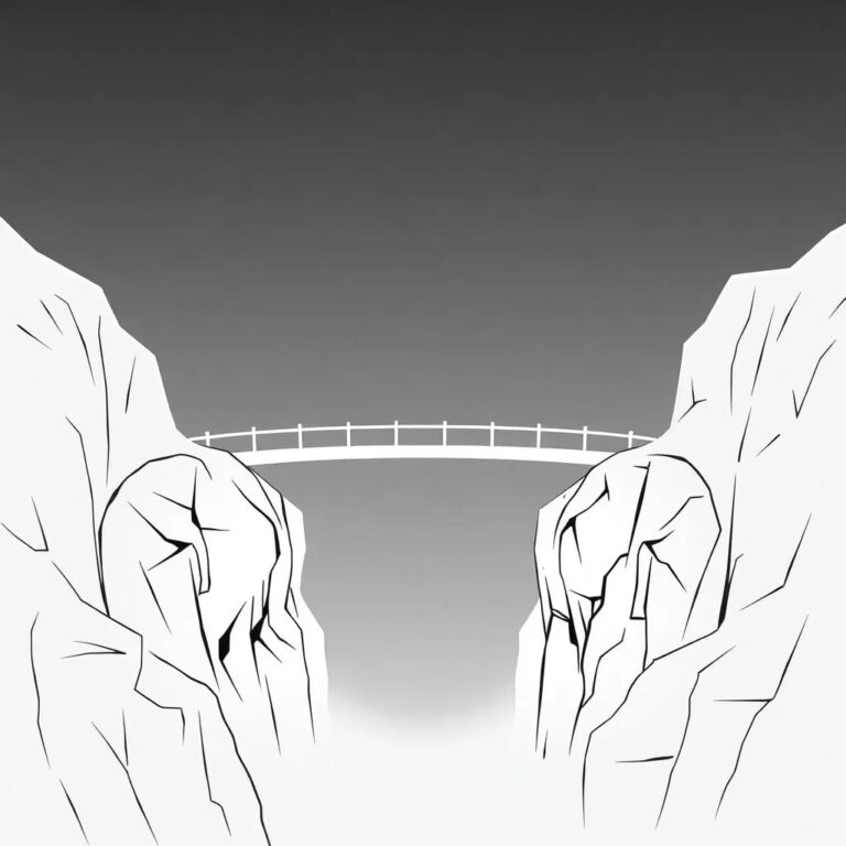 A digital chasm with a bridge made of interconnected AI nodes