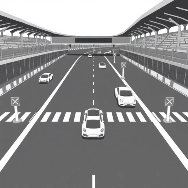 A high-speed, multi-lane racetrack with AI-controlled cars navigating through a maze of regulatory checkpoints