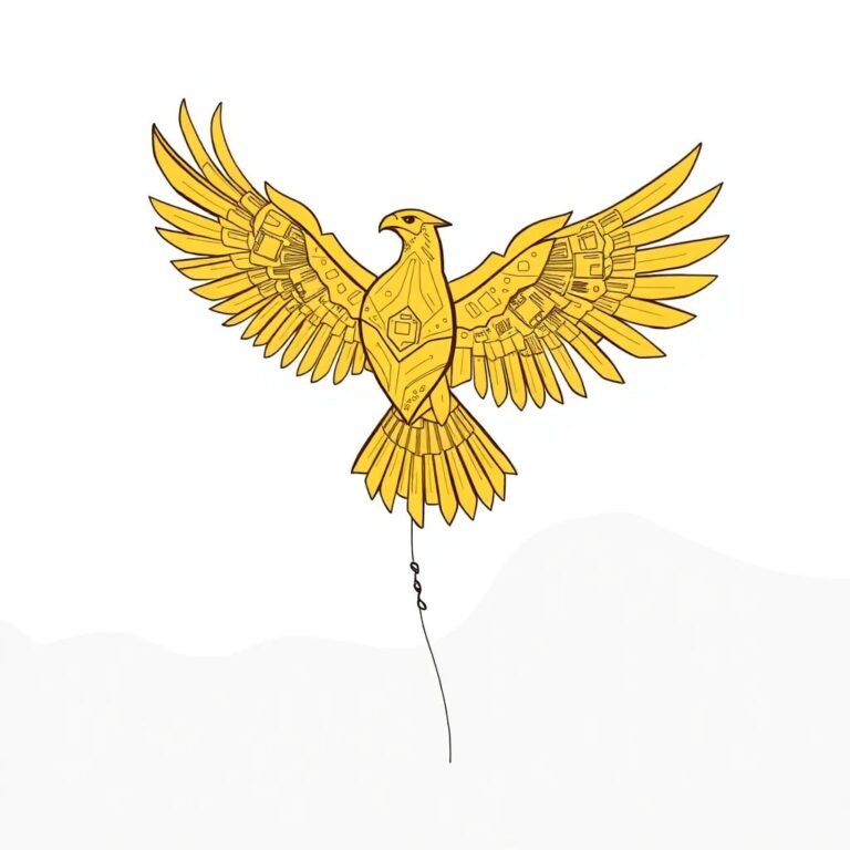 A futuristic, intricately designed, golden kite shaped like a Philippine eagle, with circuits and microchips embedded in its wings, soaring above a digital landscape.