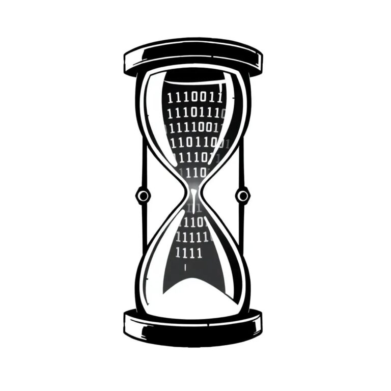 A digital hourglass filled with glowing binary code