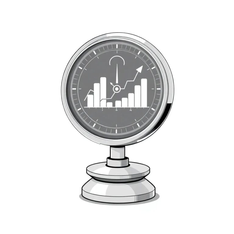 A futuristic, transparent AI-driven compass with a digital display that shows fluctuating financial graphs and growth trajectories, mounted on a sleek, metallic base shaped like a rising sun.