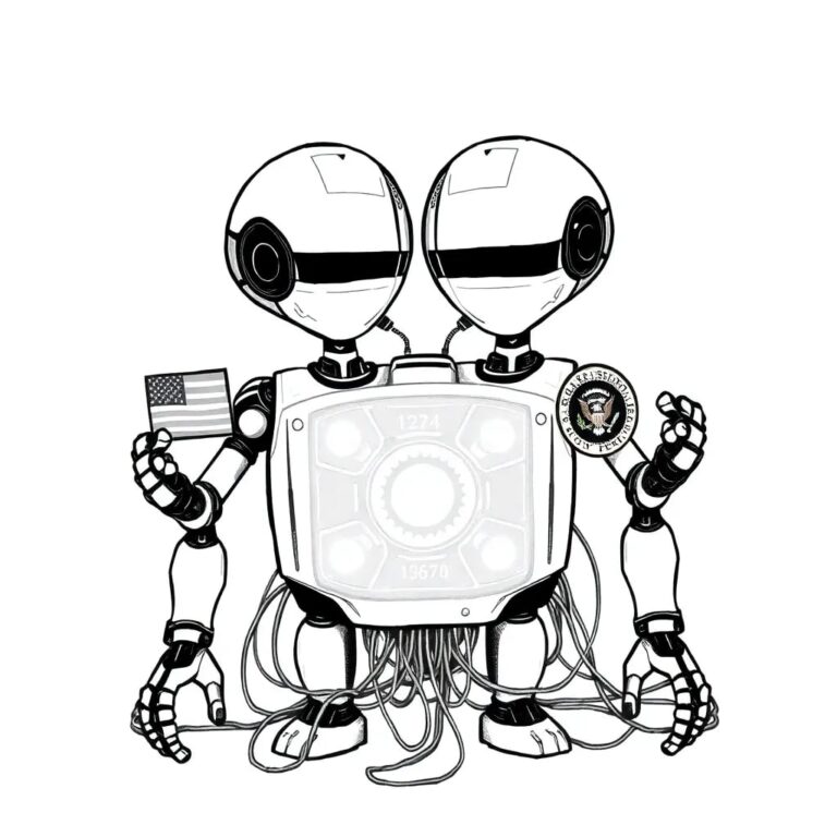 A dual-headed AI robot, one side adorned with stars and stripes, the other with the presidential seal, each head holding a glowing, pulsating AI circuit board, with a tangled web of wires connecting them.