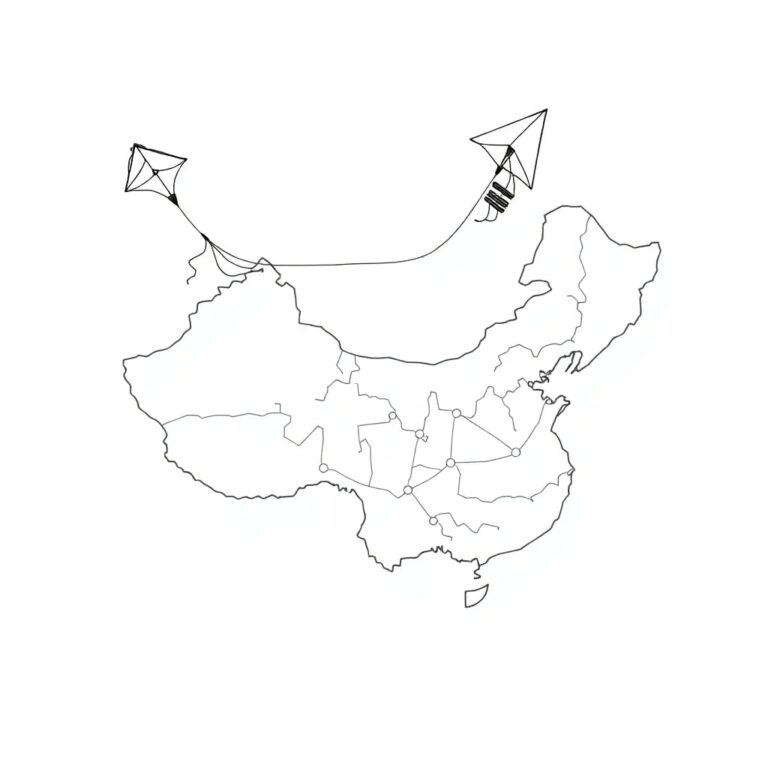 A futuristic, intricately designed AI-controlled kite flying over a digital map of China, with five glowing, interconnected nodes representing the changes.