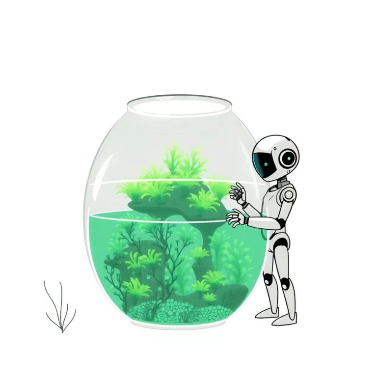 A crystal-clear, multi-tiered aquarium filled with bioluminescent algae, representing the secure and governed layers of data, with a sleek, futuristic AI robot gently tending to the ecosystem.