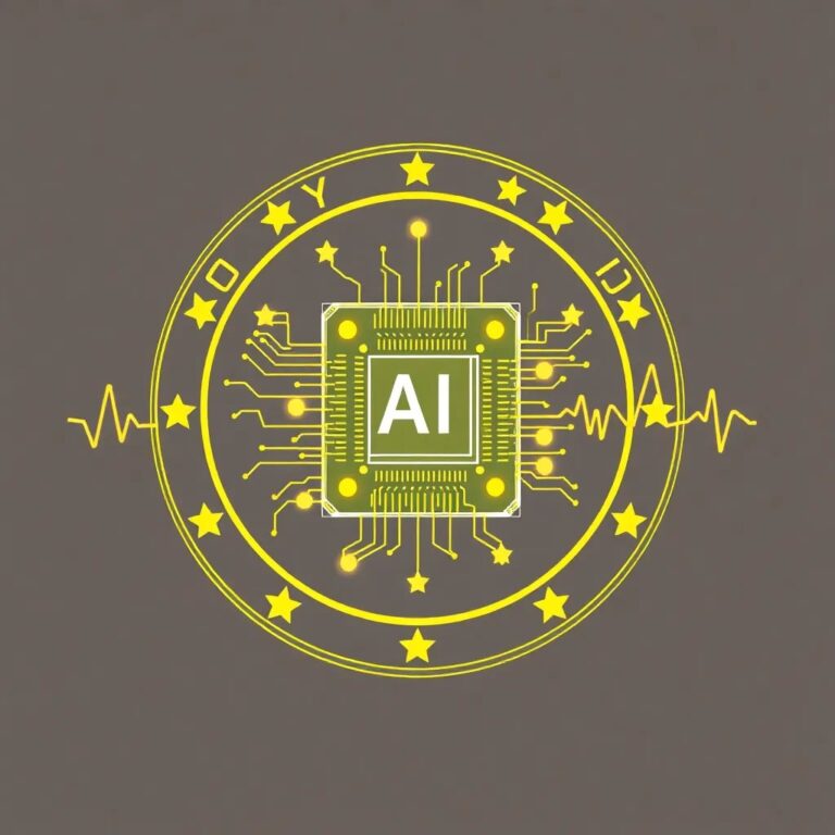 A futuristic, transparent AI chip embedded in a golden California state seal, with glowing circuits pulsating in rhythm with a digital heartbeat.