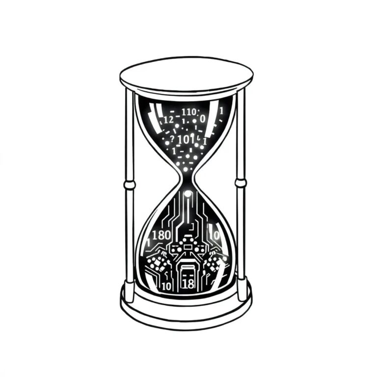 A digital hourglass filled with binary code and glowing circuits