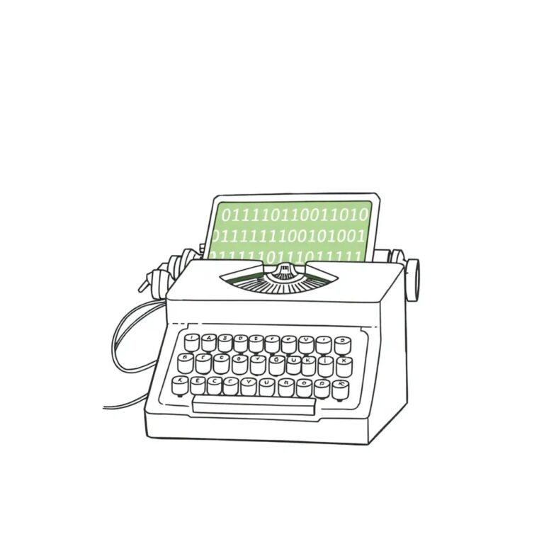 A glowing, intricately wired, vintage typewriter with a digital screen instead of paper, displaying a perpetually shifting stream of binary code.