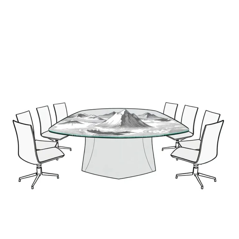 A futuristic, transparent glass boardroom table with an embedded, ever-shifting digital landscape reflecting the complexities of AI ethics and governance.