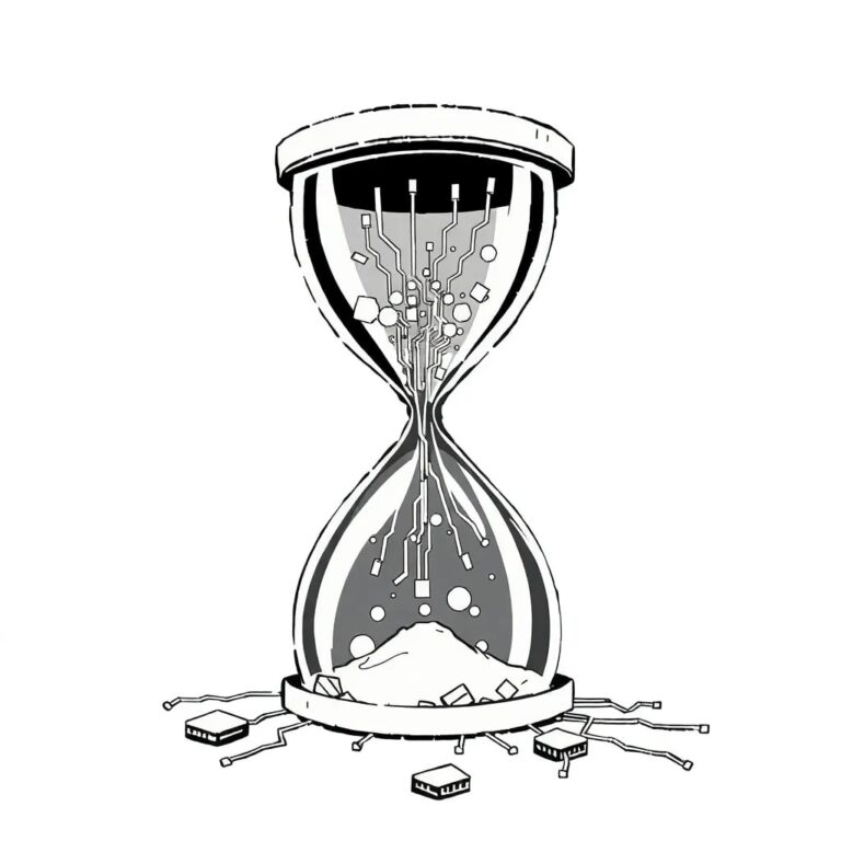A shattered digital hourglass with AI circuitry spilling out