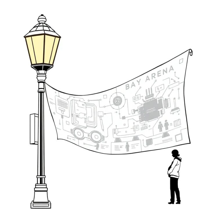 A futuristic, intricately designed blueprint scroll, unrolling from a vintage Bay Area streetlamp, with glowing AI circuits and public worker silhouettes etched into the parchment.