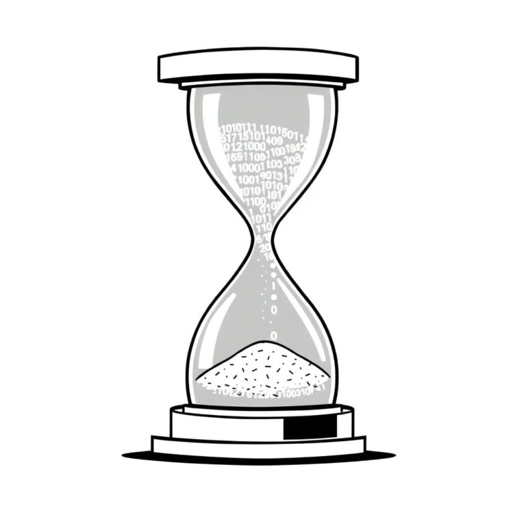 A digital hourglass filled with shimmering, ever-changing binary code that flows like sand, representing the constant evolution and reliability of AI systems.