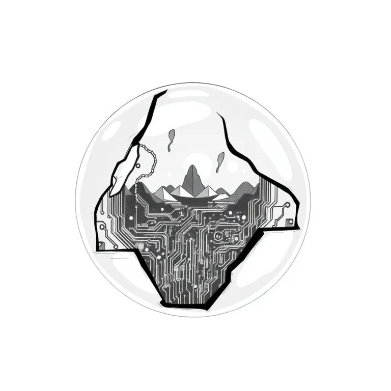 A shattered crystal ball with a circuit board embedded within, displaying a fractured digital landscape.