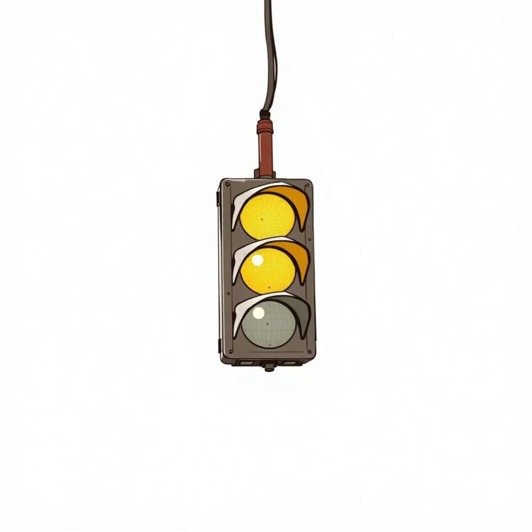 A rusted, abandoned traffic light suspended in mid-air, with all three lights flickering intermittently