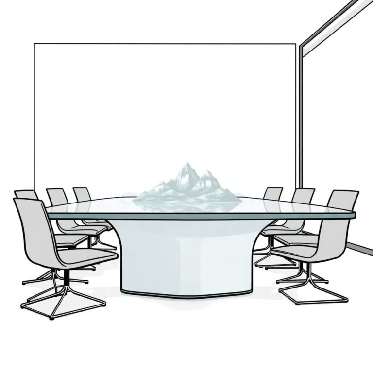 A futuristic, transparent glass boardroom table with an embedded, ever-shifting digital landscape reflecting the complexities of AI ethics and governance.