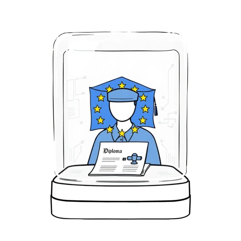 A futuristic, transparent AI-powered resume scanner with a European Union flag hologram, displaying a dynamic flow of data and algorithms, while a graduate's diploma is being processed and evaluated in real-time.