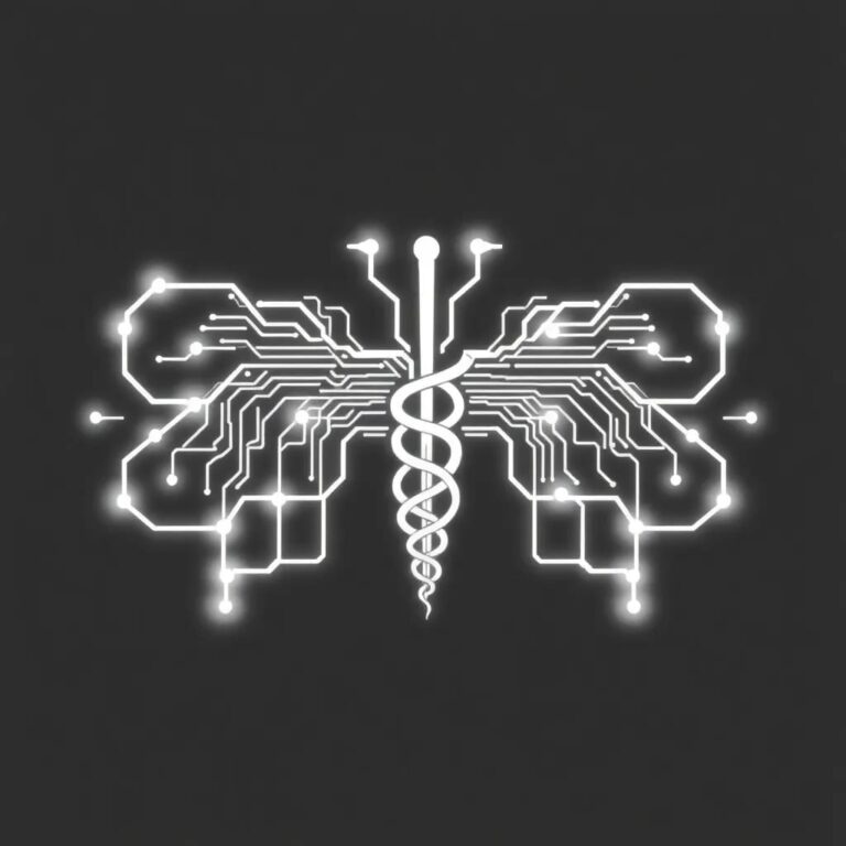 A stylized, intricately woven digital circuit board shaped like a caduceus, with glowing pathways representing data flows and regulatory checkpoints.