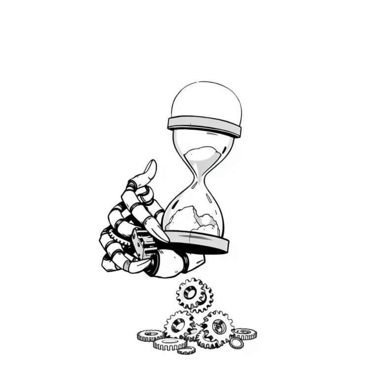 A robotic arm holding a broken hourglass with gears spilling out