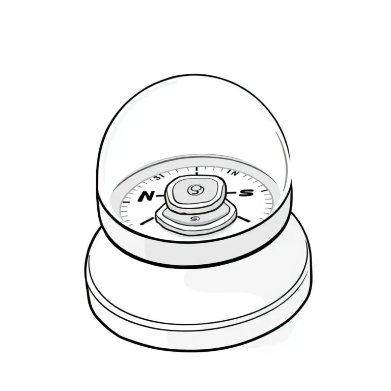 A compass with a digital display that fluctuates between 'N' and 'S' as it searches for a stable direction, encased in a glass dome with a slowly spinning AI processor chip inside.