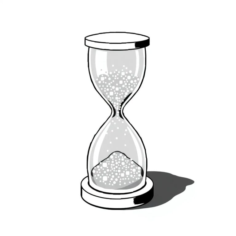 A digital hourglass filled with glowing, ever-changing AI-generated pixels