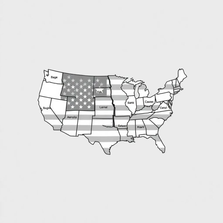 A shattered mosaic of the American flag, with each piece representing a different AI policy from various states, floating in a digital grid.