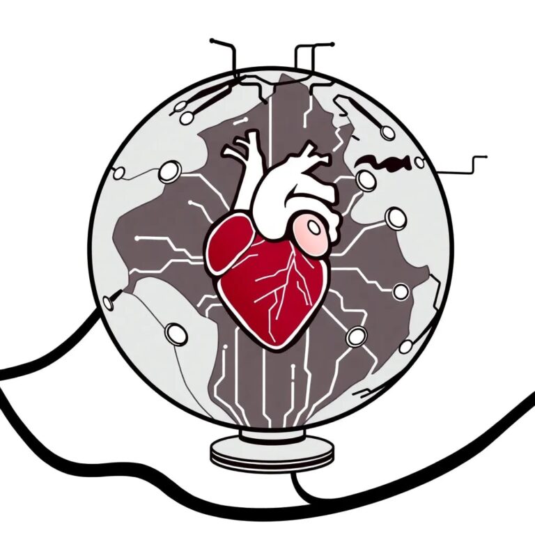 A globe with a pulsating human heart at its core, surrounded by interconnected circuits and data streams