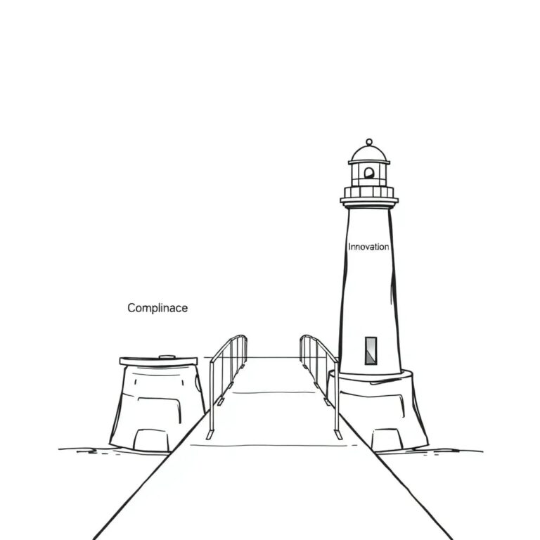 A futuristic, transparent glass bridge connecting two lighthouses, one labeled 'Compliance' and the other 'Innovation', with a digital cloud formation swirling around it.