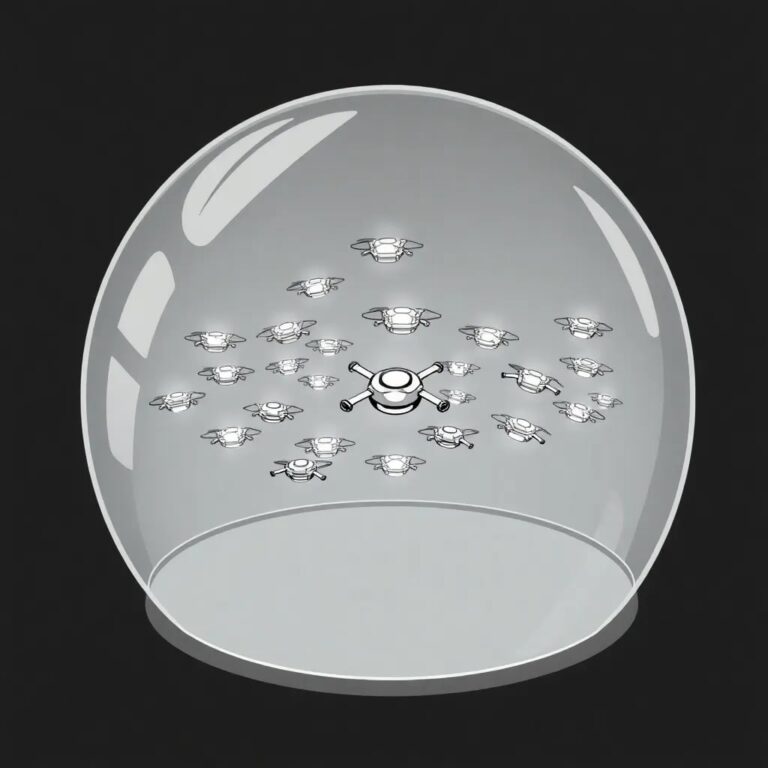 A futuristic, transparent glass dome containing a swarm of tiny, glowing drones, each with a unique pattern of lights, hovering in a controlled yet dynamic formation.