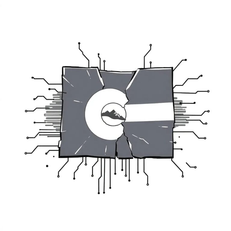 A shattered circuit board with a broken Colorado state seal embedded within it