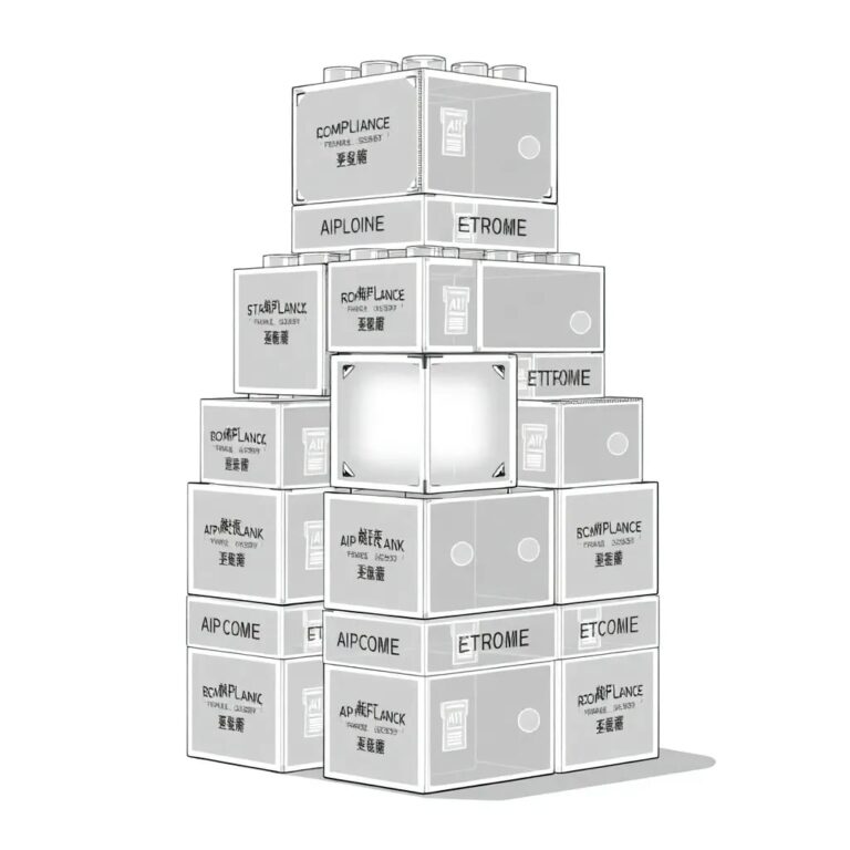 A towering, interlocking set of transparent, glowing LEGO blocks, each block representing a different compliance regulation, with a central AI core emitting a steady, pulsating light.