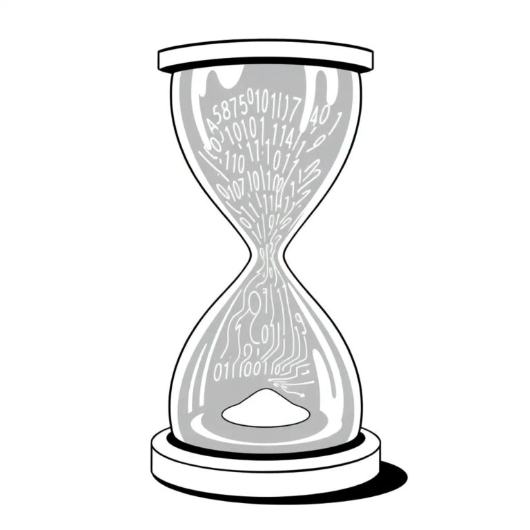 A futuristic, transparent hourglass filled with swirling binary code and AI algorithms, with a digital balance beam suspended within it, shifting as the code flows.