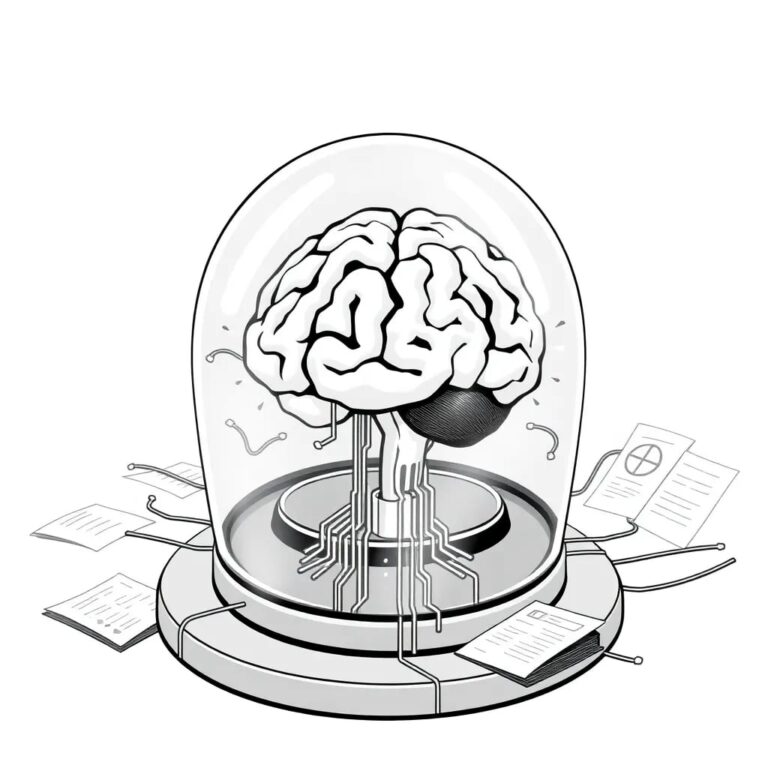 A futuristic, transparent AI brain encased in a glass dome, with a network of glowing, pulsating circuits and data streams flowing around it, surrounded by a dynamic, ever-changing landscape of regulatory documents and risk assessment charts.