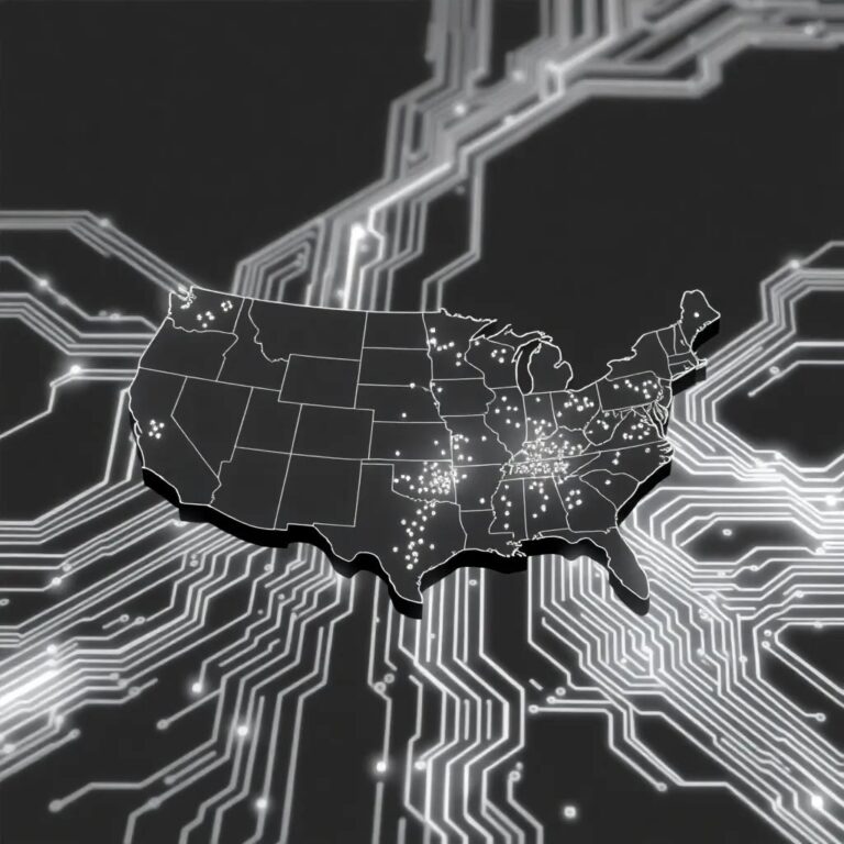 A futuristic, intricately designed AI circuit board with a map of the United States etched into its surface, glowing with dynamic, shifting patterns of light.